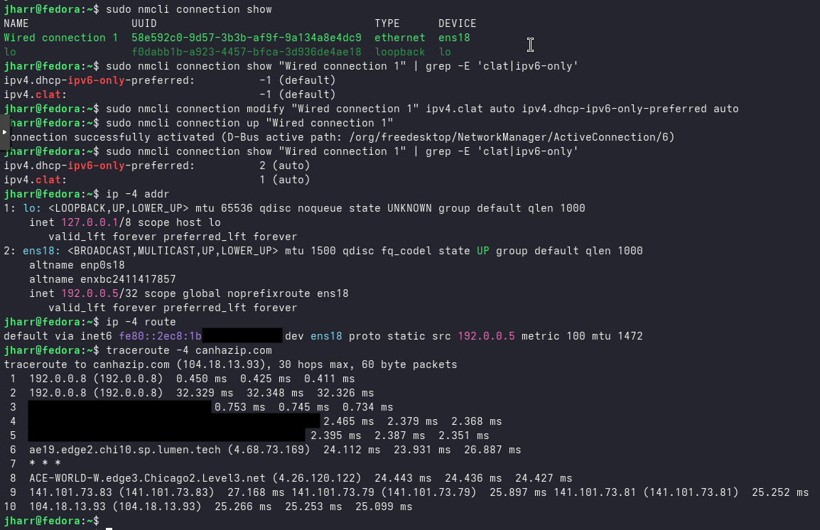 Fedora 43 demo Screenshot of CLAT enabled in Fedora 43